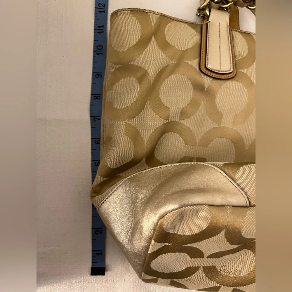 Coach Colette Opt Art Logo Gold Canvas Leather Large Tote Bag—read description